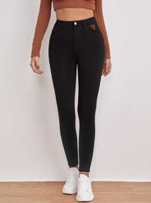 RueChic Patched Detail High Waist Skinny Jeans - Black - View 4