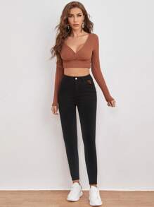 RueChic Patched Detail High Waist Skinny Jeans - Black - View 5