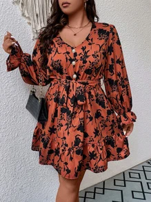 Plus Floral Print Flounce Sleeve Ruffle Hem Belted Dress - Burnt Orange - View 1