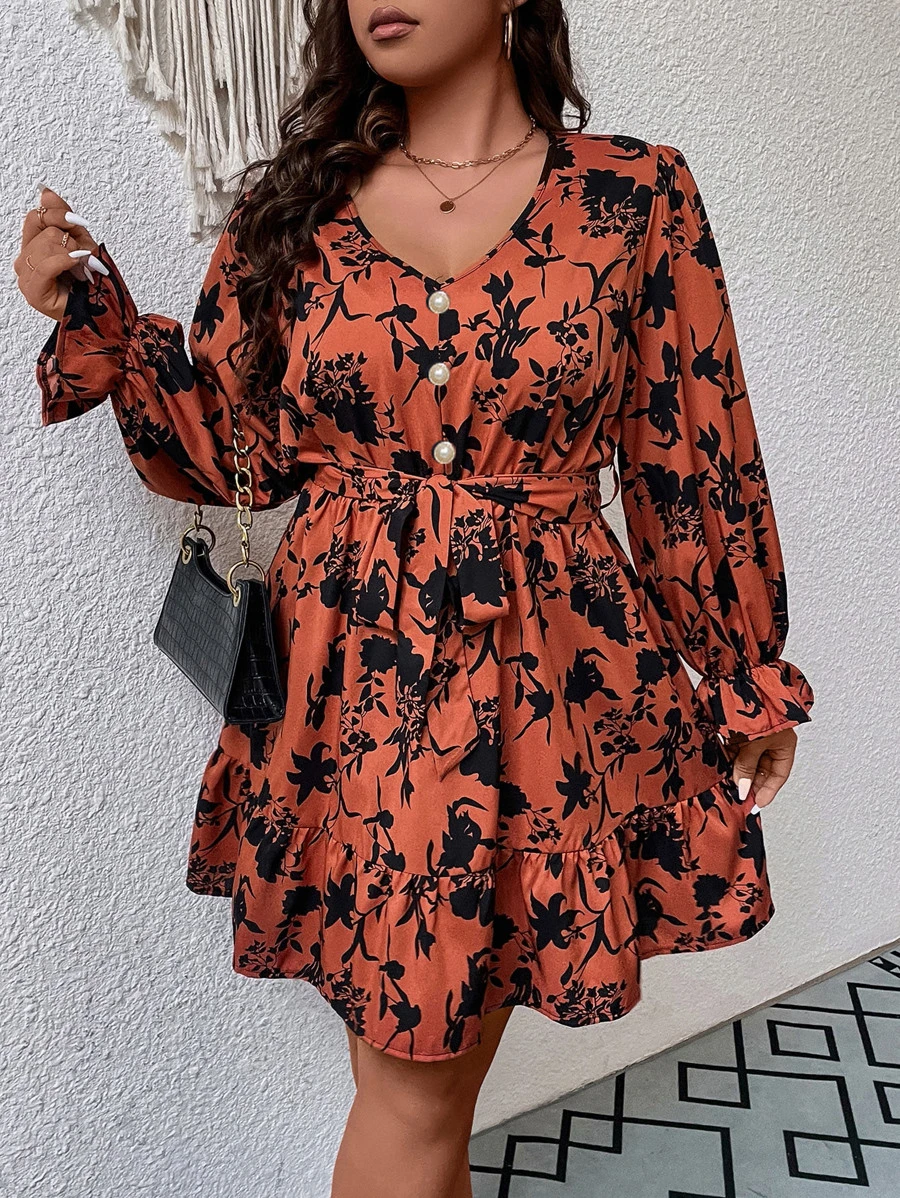 Plus Floral Print Flounce Sleeve Ruffle Hem Belted Dress - Burnt Orange - View 1