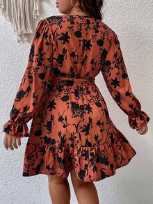 Plus Floral Print Flounce Sleeve Ruffle Hem Belted Dress - Burnt Orange - View 2