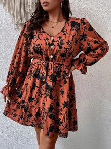 Plus Floral Print Flounce Sleeve Ruffle Hem Belted Dress - Burnt Orange - View 3