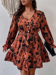 Plus Floral Print Flounce Sleeve Ruffle Hem Belted Dress - Burnt Orange - View 4