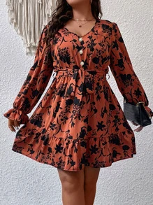 Plus Floral Print Flounce Sleeve Ruffle Hem Belted Dress - Burnt Orange - View 6