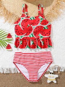 Tankini de verano con estampado de rayas y sandía, con volantes en el bajo para niña preadolescente - Rojo y blanco - Ver 1