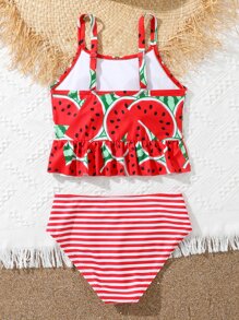 Tankini de verano con estampado de rayas y sandía, con volantes en el bajo para niña preadolescente - Rojo y blanco - Ver 2