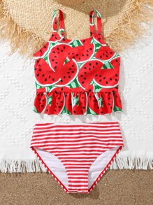 Tankini de verano con estampado de rayas y sandía, con volantes en el bajo para niña preadolescente - Rojo y blanco - Ver 3