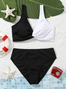 Teen Girls Color Block Twist Bikini Set Summer Beach - Black and White - View 1