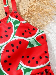 Tankini de verano con estampado de rayas y sandía, con volantes en el bajo para niña preadolescente - Rojo y blanco - Ver 5