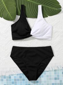 Teen Girls Color Block Twist Bikini Set Summer Beach - Black and White - View 5