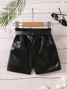 SHEIN Young Girl Paper Bag Waist Belted PU Shorts - Black - View 2