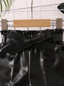 SHEIN Young Girl Paper Bag Waist Belted PU Shorts - Black - View 3