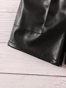 SHEIN Young Girl Paper Bag Waist Belted PU Shorts - Black - View 4