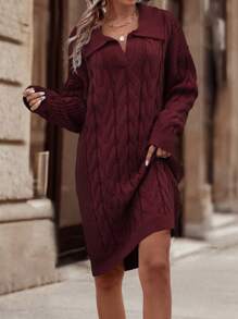 SHEIN LUNE Cable Knit Drop Shoulder Jumper Dress Without Belt - Burgundy - View 1