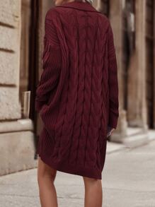 SHEIN LUNE Cable Knit Drop Shoulder Jumper Dress Without Belt - Burgundy - View 2