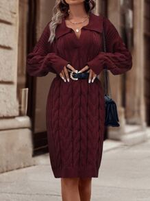 SHEIN LUNE Cable Knit Drop Shoulder Jumper Dress Without Belt - Burgundy - View 4