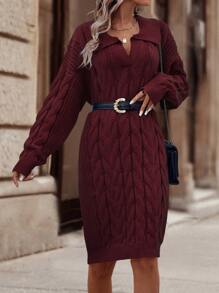 SHEIN LUNE Cable Knit Drop Shoulder Jumper Dress Without Belt - Burgundy - View 5