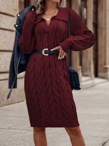 SHEIN LUNE Cable Knit Drop Shoulder Jumper Dress Without Belt - Burgundy - View 6