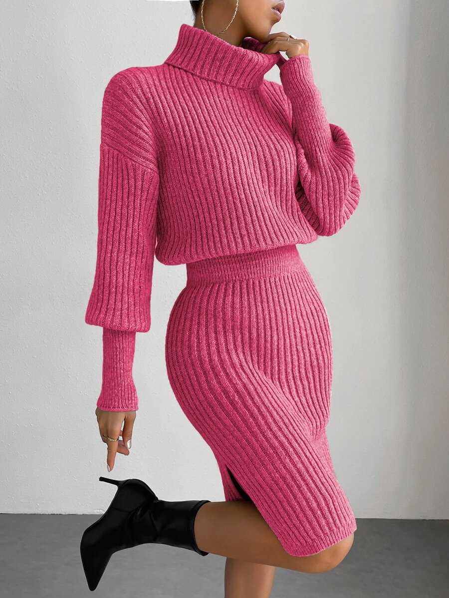 SHEIN Essnce Ladies áo len váy Gân đan Tách cao màu trơn Thanh lịch - Màu Hồng Tươi - Xem 1