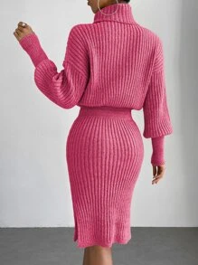 SHEIN Essnce Ladies áo len váy Gân đan Tách cao màu trơn Thanh lịch - Màu Hồng Tươi - Xem 2
