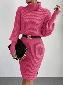 SHEIN Essnce Ladies áo len váy Gân đan Tách cao màu trơn Thanh lịch - Màu Hồng Tươi - Xem 4