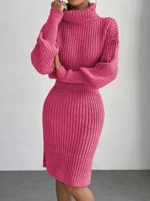 SHEIN Essnce Ladies áo len váy Gân đan Tách cao màu trơn Thanh lịch - Màu Hồng Tươi - Xem 5