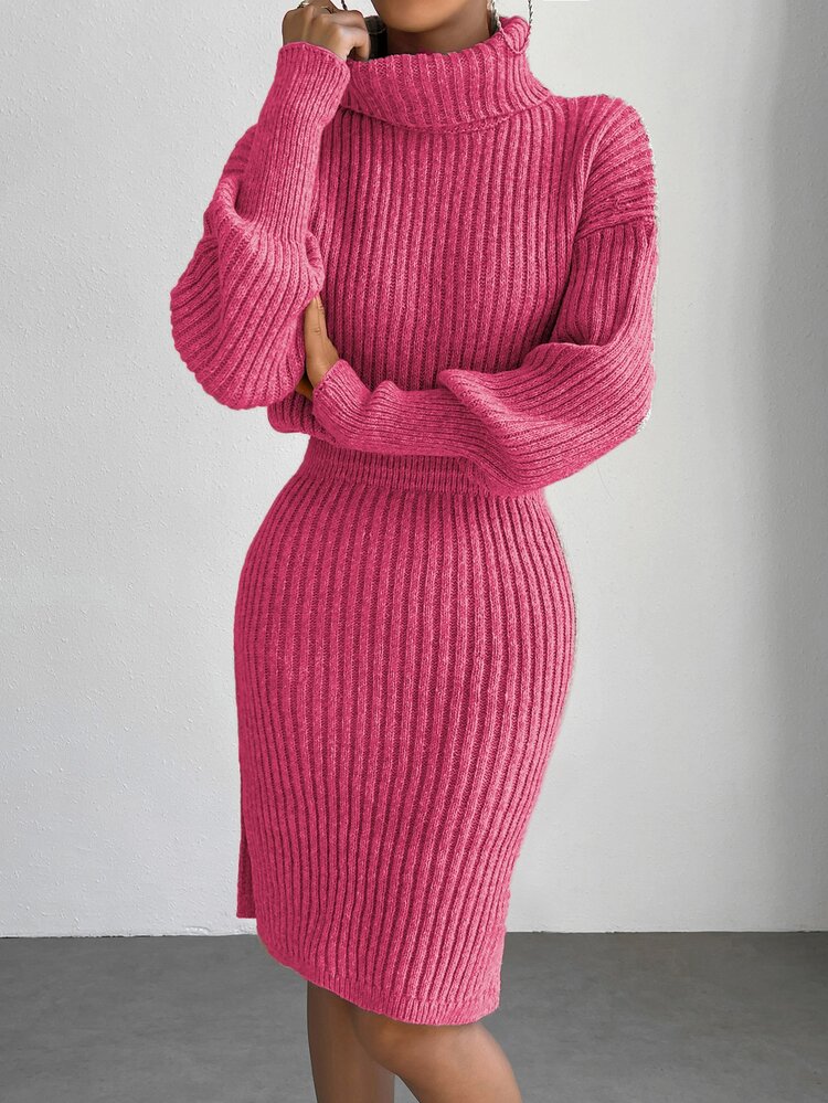 SHEIN Essnce Ladies áo len váy Gân đan Tách cao màu trơn Thanh lịch - Màu Hồng Tươi - Xem 5