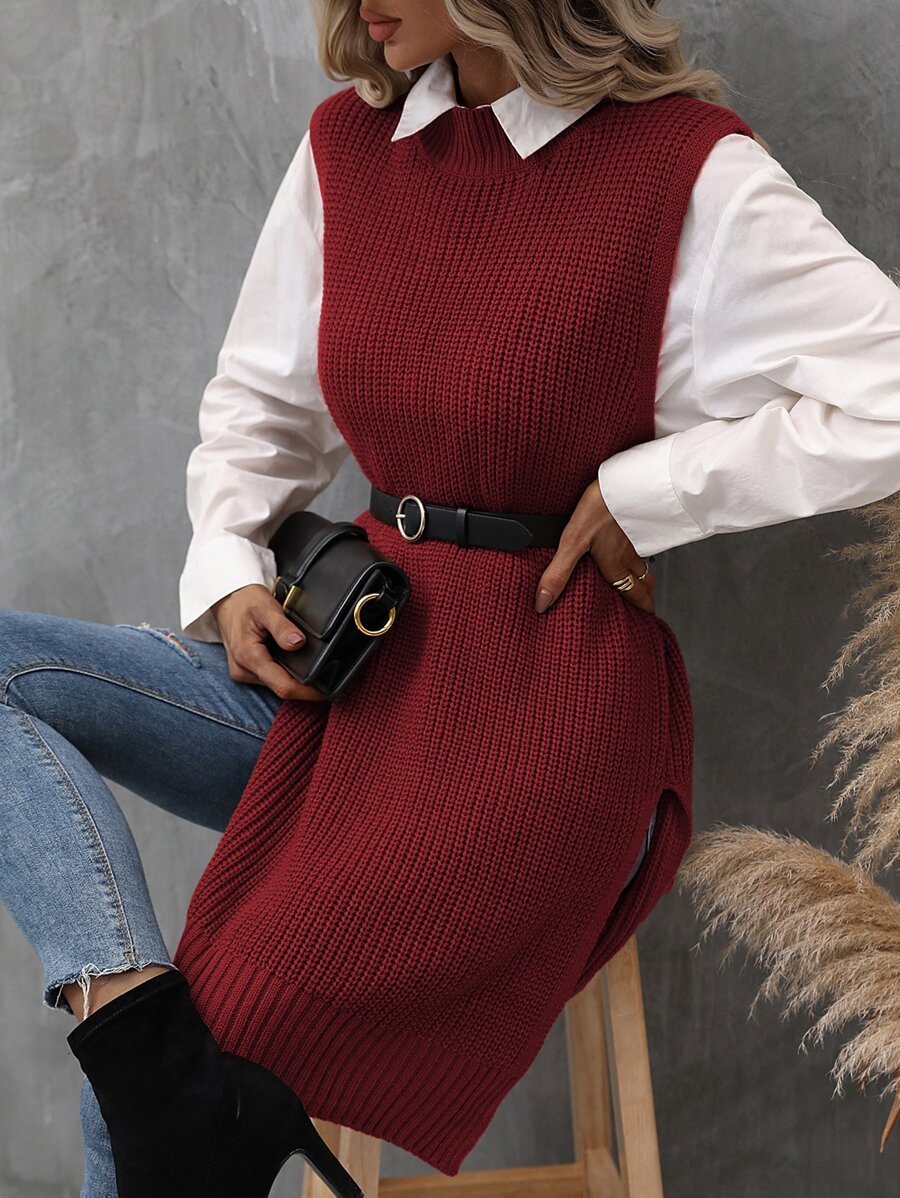 SHEIN LUNE Solid Split Hem Ribbed Knit Sweater Vest Without Belt - Burgundy - View 1
