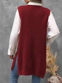 SHEIN LUNE Solid Split Hem Ribbed Knit Sweater Vest Without Belt - Burgundy - View 2