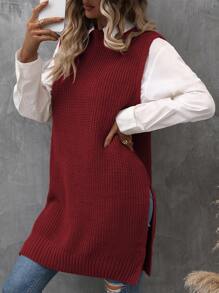SHEIN LUNE Solid Split Hem Ribbed Knit Sweater Vest Without Belt - Burgundy - View 3