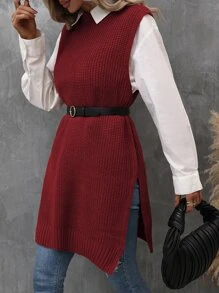 SHEIN LUNE Solid Split Hem Ribbed Knit Sweater Vest Without Belt - Burgundy - View 4