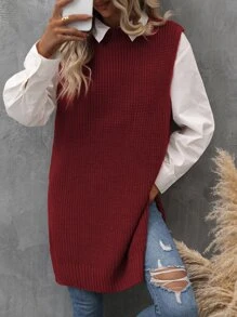 SHEIN LUNE Solid Split Hem Ribbed Knit Sweater Vest Without Belt - Burgundy - View 5