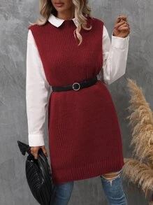 SHEIN LUNE Solid Split Hem Ribbed Knit Sweater Vest Without Belt - Burgundy - View 6