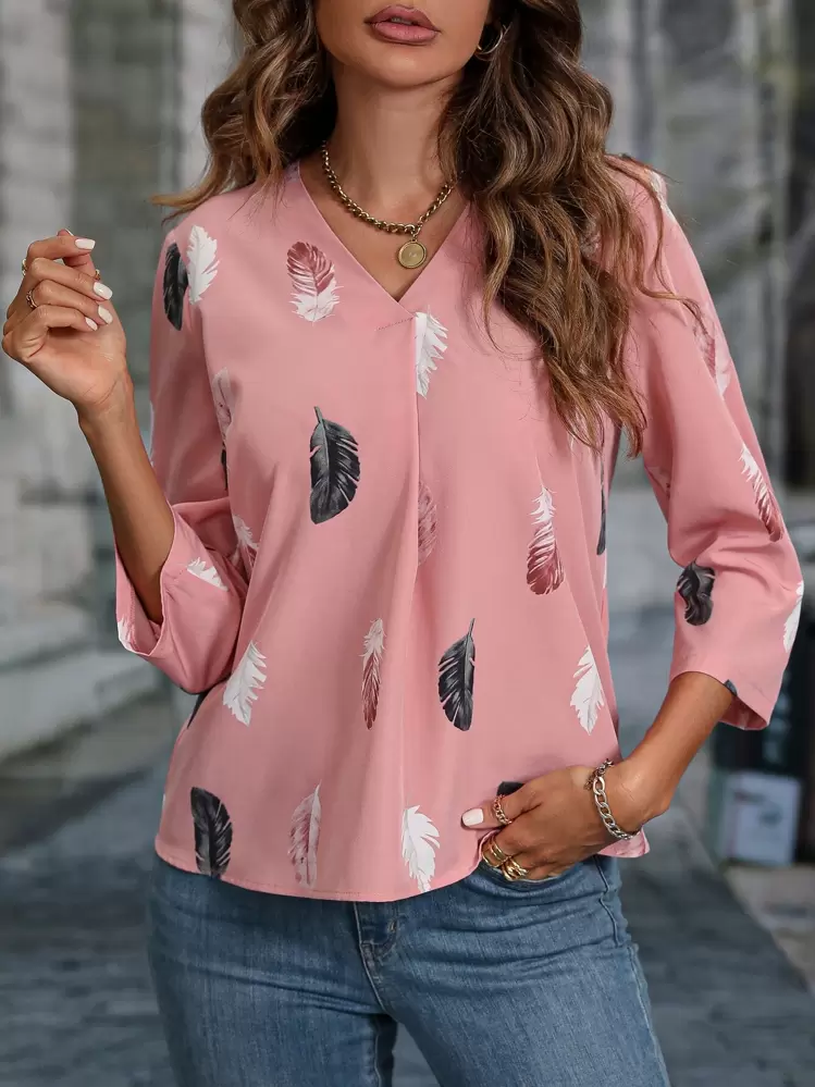 SHEIN LUNE Feather Print Roll Tab Sleeve Blouse - Dusty Pink - View 3