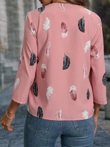 SHEIN LUNE Feather Print Roll Tab Sleeve Blouse - Dusty Pink - View 2