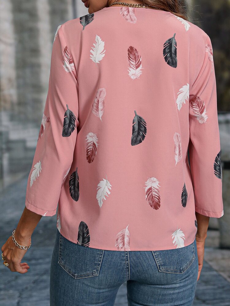 SHEIN LUNE Feather Print Roll Tab Sleeve Blouse - Dusty Pink - View 2