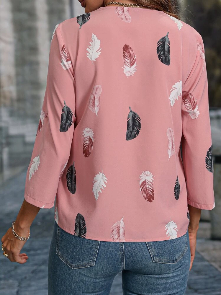 SHEIN LUNE Feather Print Roll Tab Sleeve Blouse - Dusty Pink - View 2