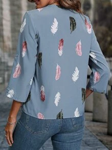 SHEIN LUNE Feather Print Roll Tab Sleeve Blouse - Blue - View 2