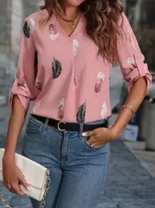 SHEIN LUNE Feather Print Roll Tab Sleeve Blouse - Dusty Pink - View 1