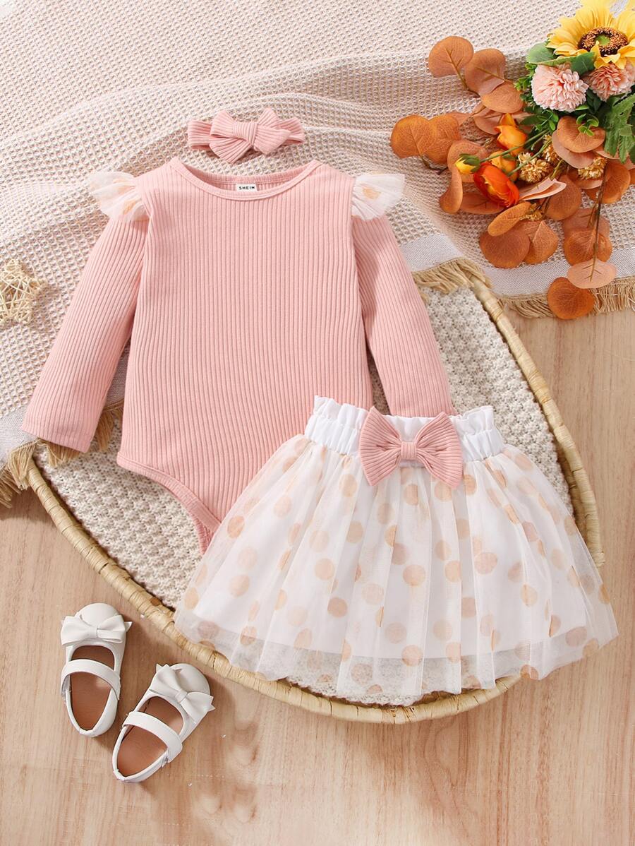 嬰兒荷葉邊連體衣和波卡圓點網紗覆蓋蝴蝶結半身裙附髮帶 - 彩色 - 查看 1