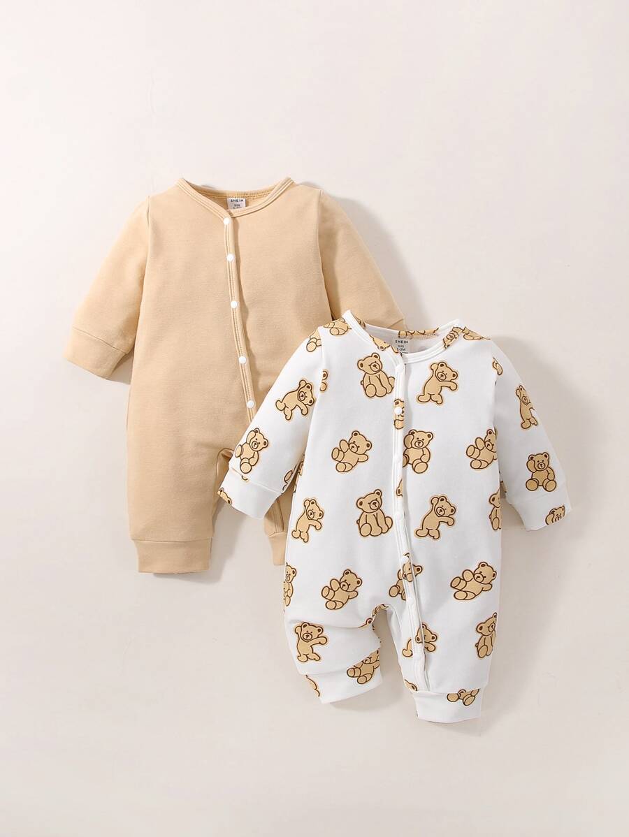 SHEIN Newborn Baby Boy 2pcs Bear Print Jumpsuit