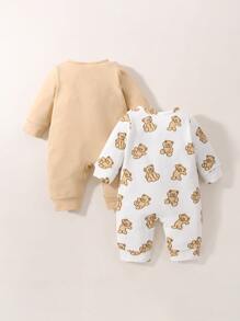 SHEIN Newborn Baby Boy 2pcs Bear Print Jumpsuit