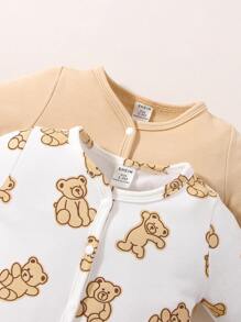 SHEIN Newborn Baby Boy 2pcs Bear Print Jumpsuit