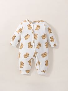SHEIN Newborn Baby Boy 2pcs Bear Print Jumpsuit