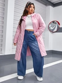 SHEIN EZwear Plus Drop Shoulder Split Side Hooded Quilted Coat - Baby Pink - View 1
