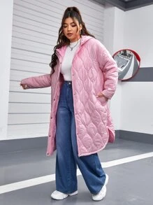 SHEIN EZwear Plus Drop Shoulder Split Side Hooded Quilted Coat - Baby Pink - View 5