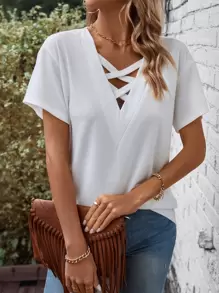 SHEIN LUNE 素色前交叉T恤 - 白色 - 查看 4