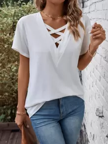 SHEIN LUNE 素色前交叉T恤 - 白色 - 查看 6