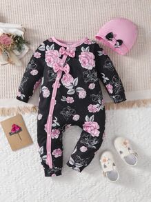 Baby Girl Floral Print Contrast Binding Bow Front Jumpsuit - Black - View 1