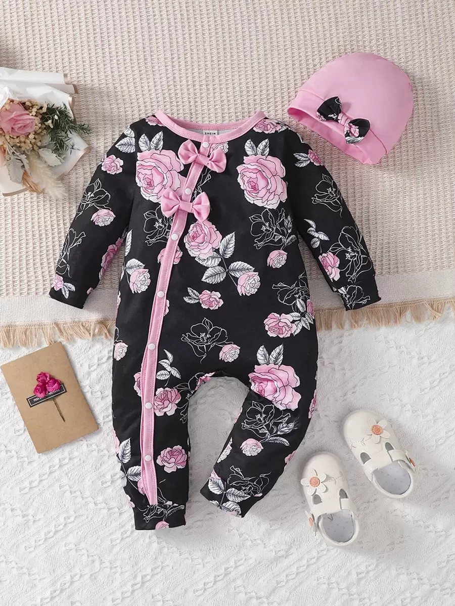 Baby Girl Floral Print Contrast Binding Bow Front Jumpsuit - Black - View 1